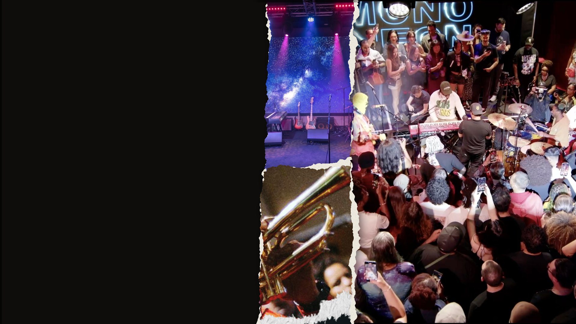 Torn-paper collage: a vintage microphone in stage haze, The Recording Club's Live Room and a JammJam crowd